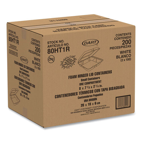 Image of Dart® 80HT1R Foam Hinged Lid Containers, 7.5 x 8 x 2.2, White, 200/Carton