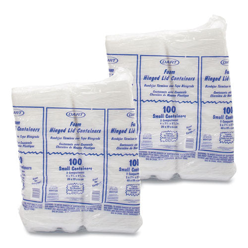 Image of Dart® 80HT3R Foam Hinged Lid Containers, 3 Compartments, 7.5 x 8 x 2.3, White, 200/Carton