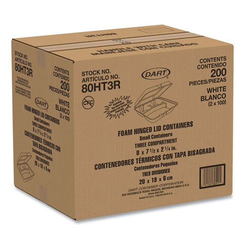 Image of Dart® 80HT3R Foam Hinged Lid Containers, 3 Compartments, 7.5 x 8 x 2.3, White, 200/Carton