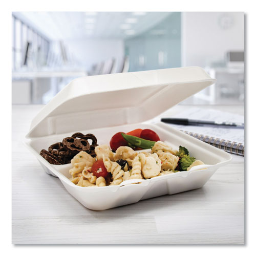 Image of Dart® 80HT3R Foam Hinged Lid Containers, 3 Compartments, 7.5 x 8 x 2.3, White, 200/Carton