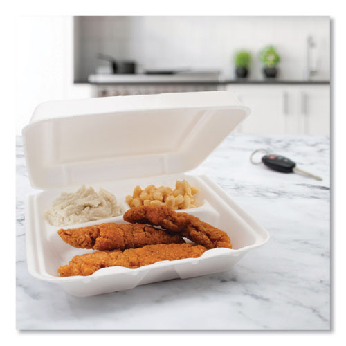 Image of Dart® 80HT3R Foam Hinged Lid Containers, 3 Compartments, 7.5 x 8 x 2.3, White, 200/Carton