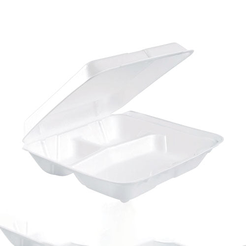 Image of Dart® 80HT3R Foam Hinged Lid Containers, 3 Compartments, 7.5 x 8 x 2.3, White, 200/Carton