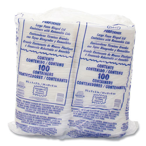 Image of Dart® 90HTPF1R Foam Hinged Lid Container, Performer Perforated Lid, 9 X 9.4 X 3, White, 100/bag, 2 Bag/carton