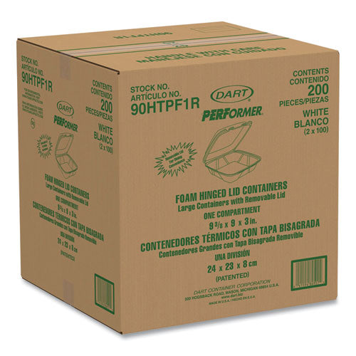 Image of Dart® 90HTPF1R Foam Hinged Lid Container, Performer Perforated Lid, 9 X 9.4 X 3, White, 100/bag, 2 Bag/carton