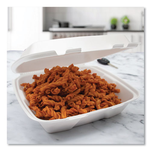 Image of Dart® 90HTPF1R Foam Hinged Lid Container, Performer Perforated Lid, 9 X 9.4 X 3, White, 100/bag, 2 Bag/carton