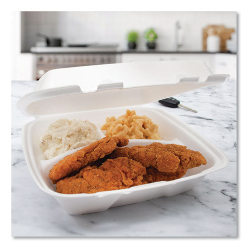 Image of Dart® 90HTPF3R Foam Hinged Lid Container, Performer Perforated Lid, 3 Compartments, 9 x 9.4 x 3, White, 100/Bag, 2 Bag/Carton