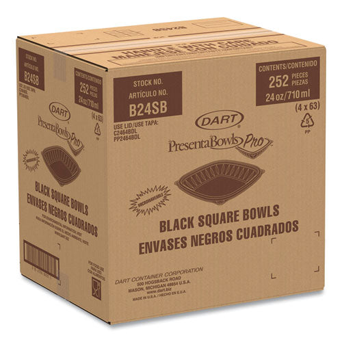Image of Dart® B24SB PresentaBowls Pro Black Square Bowls, 24 oz, 8.5 x 8.5 x 1.8, Plastic, 63/Bag, 4 Bags/Carton
