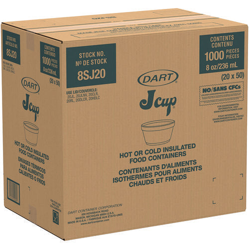Image of Dart® 8SJ12 Food Containers, Squat, 8 oz, White, Foam, 1,000/Carton