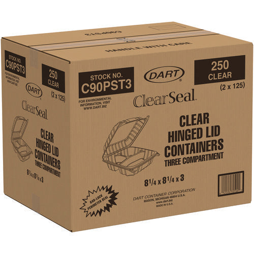 Image of Dart® C90PST3 ClearSeal Hinged-Lid Plastic Containers, 8.25 x 8.25 x 3, Clear, Plastic, 125/Pack, 2 Packs/Carton