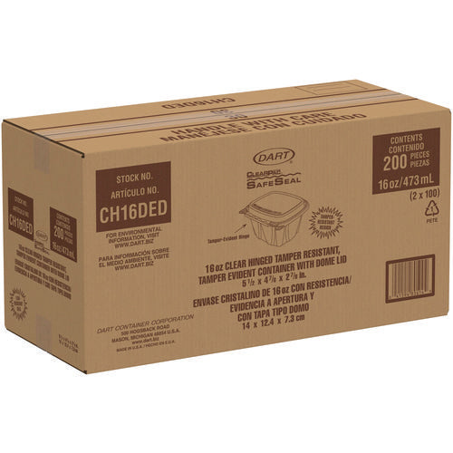 Image of Dart® CH16DED ClearPac SafeSeal Tamper-Resistant/Evident Containers, Domed Lid, 16 oz, Clear, Plastic, 100/Bag, 2 Bags/Carton