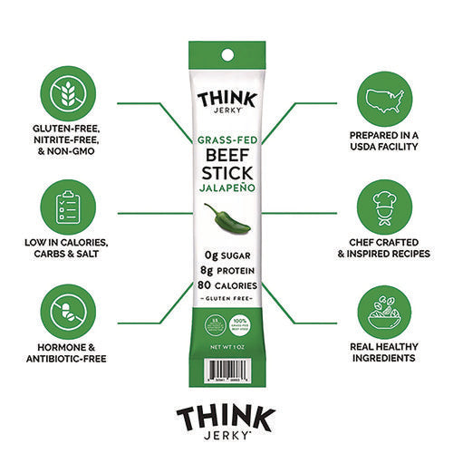 Image of Think Jerky® 850941006636 Jalapeno 100% Grass-Fed Beef Sticks, 1 oz Individually Wrapped Sticks, 20/Carton