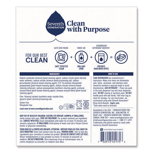 Image of Seventh Generation® 10732913451804 Natural Automatic Dishwasher Detergent Packs, Free and Clear, 45 Powder Packets/Box, 5 Boxes/Carton