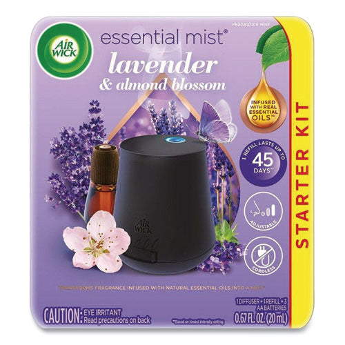 Image of Air Wick® 62338-02034 Essential Mist Starter Kit, Lavender And Almond Blossom, 0.67 Oz Bottle, 4/carton
