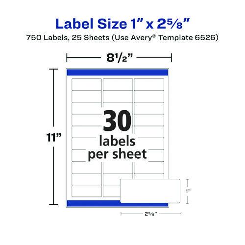 Image of Avery® 06526 Glossy White Easy Peel Mailing Labels W/ Sure Feed Technology, Laser Printers, 1 X 2.63, White, 30/sheet, 25 Sheets/pack