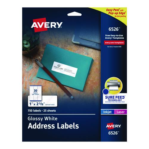 Image of Avery® 06526 Glossy White Easy Peel Mailing Labels W/ Sure Feed Technology, Laser Printers, 1 X 2.63, White, 30/sheet, 25 Sheets/pack