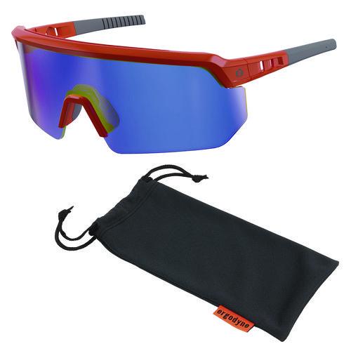 Image of ergodyne® 55021 Skullerz AEGIR Safety Glasses, Orange Half Frame, Mirrored Blue Single Lens