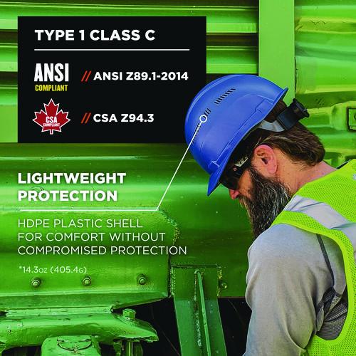 Image of ergodyne® 60271 Skullerz 8966 Class C Lightweight Cap-Style Hard Hat with Adjustable Venting, 6-Point Ratchet, One Size Fits Most, Blue