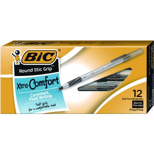 Image of BIC® GSFG11 BLK Round Stic Grip Xtra Comfort Ballpoint Pen, Stick, Fine 0.8 Mm, Black Ink, Gray/black Barrel, Dozen