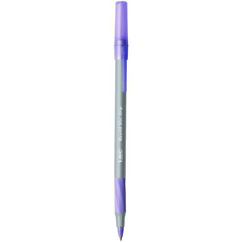Image of BIC® GSMG11-PE Round Stic Grip Xtra Comfort Ballpoint Pen, Easy-Glide System, Stick, Medium 1.2 mm, Purple Ink, Gray/Purple Barrel, Dozen