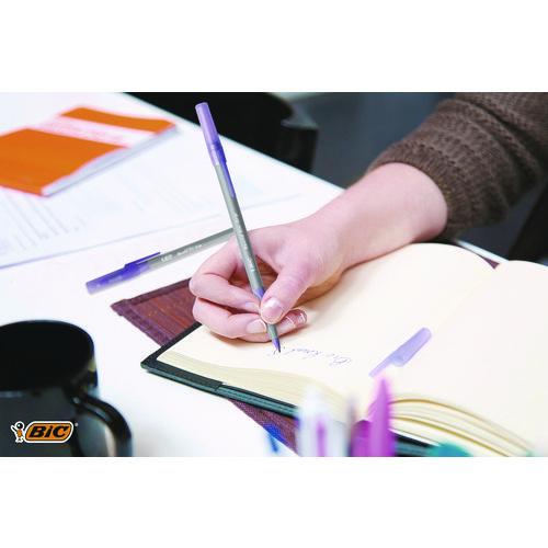Image of BIC® GSMG11-PE Round Stic Grip Xtra Comfort Ballpoint Pen, Easy-Glide System, Stick, Medium 1.2 mm, Purple Ink, Gray/Purple Barrel, Dozen