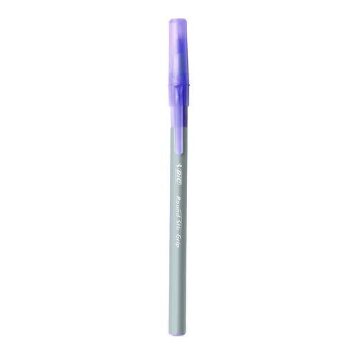 Image of BIC® GSMG11-PE Round Stic Grip Xtra Comfort Ballpoint Pen, Easy-Glide System, Stick, Medium 1.2 mm, Purple Ink, Gray/Purple Barrel, Dozen