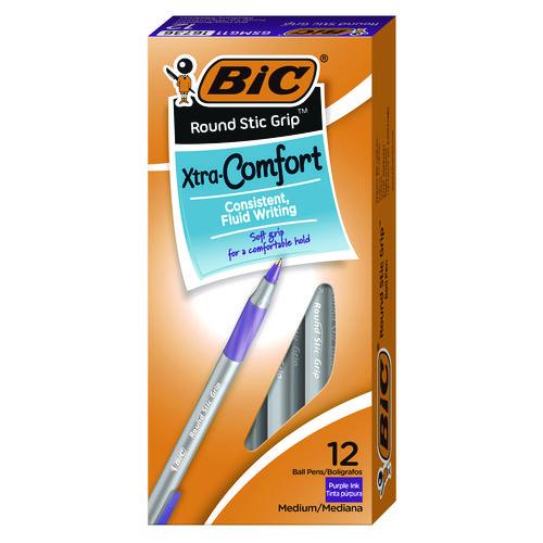 Image of BIC® GSMG11-PE Round Stic Grip Xtra Comfort Ballpoint Pen, Easy-Glide System, Stick, Medium 1.2 mm, Purple Ink, Gray/Purple Barrel, Dozen