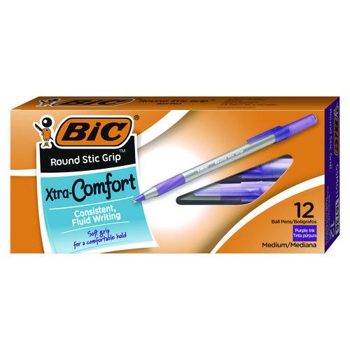 Image of BIC® GSMG11-PE Round Stic Grip Xtra Comfort Ballpoint Pen, Easy-Glide System, Stick, Medium 1.2 mm, Purple Ink, Gray/Purple Barrel, Dozen