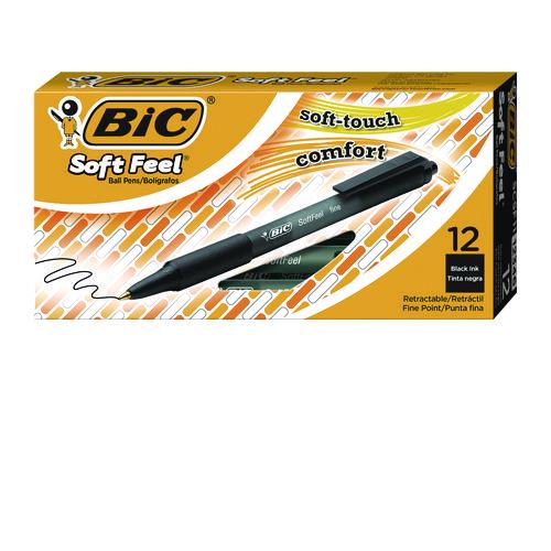 Image of BIC® SCSM11-BLK Soft Feel Ballpoint Pen, Retractable, Medium 1 Mm, Black Ink, Black Barrel, Dozen