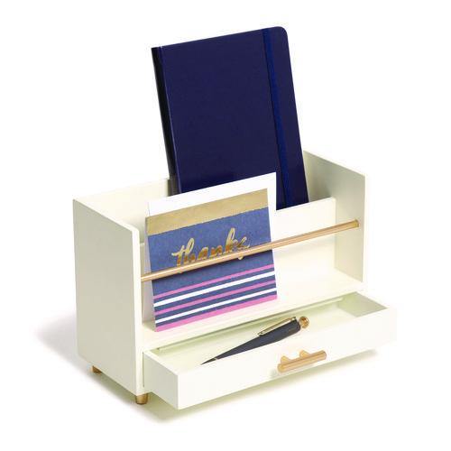 Image of U Brands Juliet Desk Organizer, 3 Compartments, 1 Drawer, 9.5" x 4.2" x 4.9", White/Gold, Wood/Metal