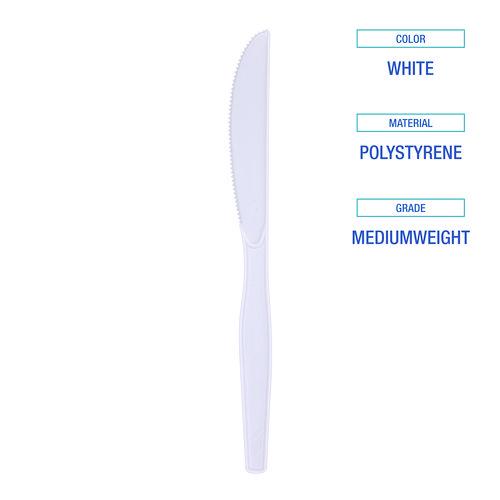 Image of Boardwalk® BWK KNIFEMWPS Mediumweight Polystyrene Cutlery, Knife, Plastic, White, 100/Box, 10 Boxes/Carton