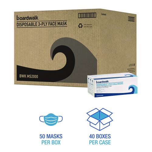 Image of Boardwalk® MS2000 Three-Ply General Use Face Mask, Polypropylene, One Size Fits Most, Blue, 50/Box, 40 Boxes/Carton