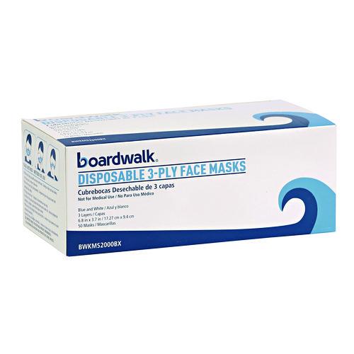 Image of Boardwalk® MS2000 Three-Ply General Use Face Mask, Polypropylene, One Size Fits Most, Blue, 50/Box, 40 Boxes/Carton