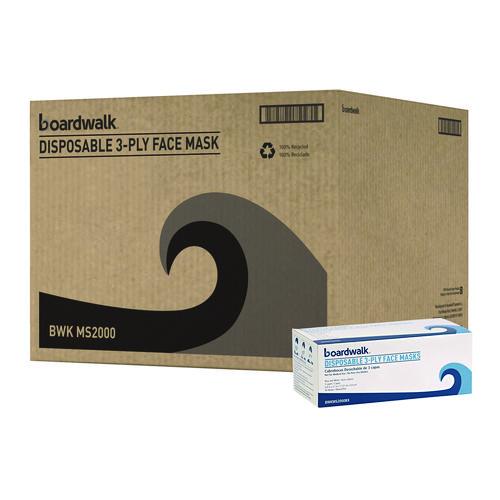 Image of Boardwalk® MS2000 Three-Ply General Use Face Mask, Polypropylene, One Size Fits Most, Blue, 50/Box, 40 Boxes/Carton
