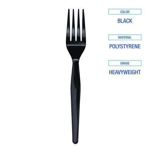Image of Boardwalk® BWKFORKHWBLA Heavyweight Polystyrene Cutlery, Fork, Plastic, Black, 1,000/Carton