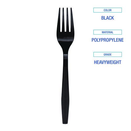 Image of Boardwalk® BWKFORKHWPPBLA Heavyweight Polypropylene Cutlery, Fork, Plastic, Black, 1,000/Carton