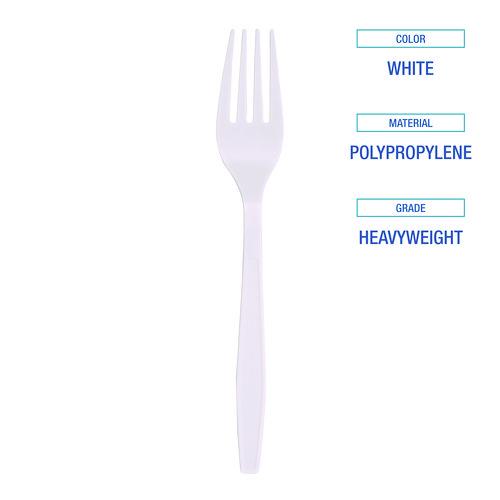 Image of Boardwalk® BWKFORKHWPPWH Heavyweight Polypropylene Cutlery, Fork, Plastic, White, 1,000/Carton
