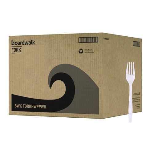 Image of Boardwalk® BWKFORKHWPPWH Heavyweight Polypropylene Cutlery, Fork, Plastic, White, 1,000/Carton