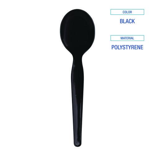 Image of Boardwalk® BWKSSHWPSBIW Heavyweight Wrapped Polystyrene Cutlery, Soup Spoon, Plastic, Black, 1,000/Carton