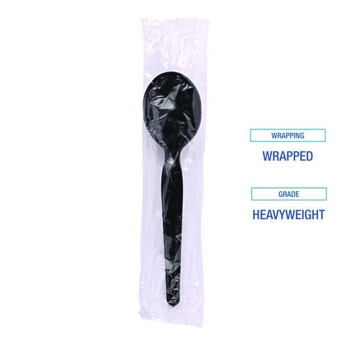 Image of Boardwalk® BWKSSHWPSBIW Heavyweight Wrapped Polystyrene Cutlery, Soup Spoon, Plastic, Black, 1,000/Carton