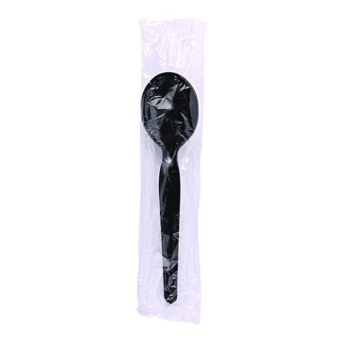 Image of Boardwalk® BWKSSHWPSBIW Heavyweight Wrapped Polystyrene Cutlery, Soup Spoon, Plastic, Black, 1,000/Carton