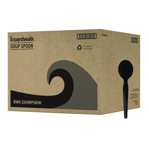 Image of Boardwalk® BWKSSHWPSBIW Heavyweight Wrapped Polystyrene Cutlery, Soup Spoon, Plastic, Black, 1,000/Carton