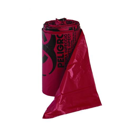Image of Inteplast Group WSL2423R Institutional Low-Density Can Liners, Infectious Waste Biohazard, 10 gal, 1.3 mil, 24 x 23, Red, Interleaved, 25/RL, 10 RL/CT