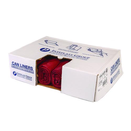 Image of Inteplast Group WSL2423R Institutional Low-Density Can Liners, Infectious Waste Biohazard, 10 gal, 1.3 mil, 24 x 23, Red, Interleaved, 25/RL, 10 RL/CT
