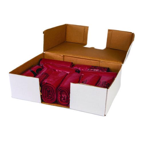 Image of Inteplast Group WSL2423R Institutional Low-Density Can Liners, Infectious Waste Biohazard, 10 gal, 1.3 mil, 24 x 23, Red, Interleaved, 25/RL, 10 RL/CT