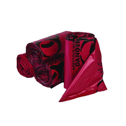 Image of Inteplast Group WSL2423R Institutional Low-Density Can Liners, Infectious Waste Biohazard, 10 gal, 1.3 mil, 24 x 23, Red, Interleaved, 25/RL, 10 RL/CT