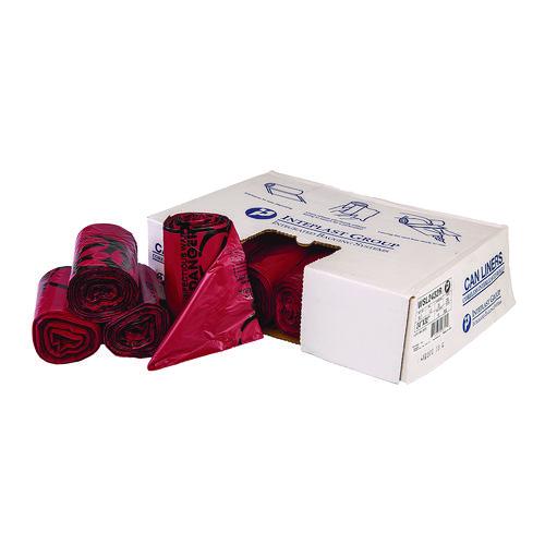 Image of Inteplast Group WSL2423R Institutional Low-Density Can Liners, Infectious Waste Biohazard, 10 gal, 1.3 mil, 24 x 23, Red, Interleaved, 25/RL, 10 RL/CT