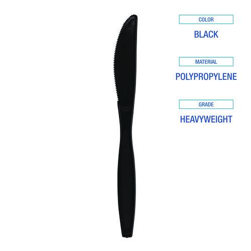 Image of Boardwalk® BWKKNIFEHWPPBLA Heavyweight Polypropylene Cutlery, Knife, Plastic, Black, 1,000/Carton