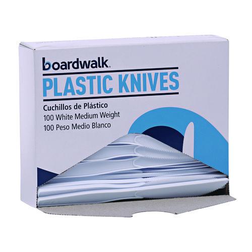 Image of Boardwalk® BWK KNIFEMWPS Mediumweight Polystyrene Cutlery, Knife, Plastic, White, 100/Box, 10 Boxes/Carton
