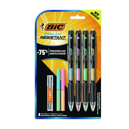 Image of BIC® MV7PRP4-BLK Break-Resistant Mechanical Pencils with Erasers, 0.7 mm, HB (#2), Black Lead, Assorted Barrel Colors, 4/Pack