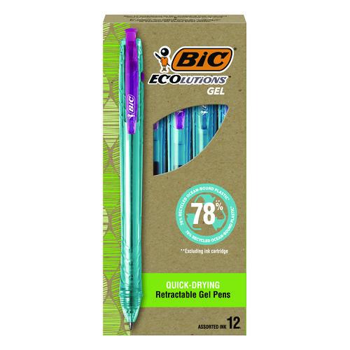 Image of BIC® RGLE11-AST Ecolutions Gel Pen, Retractable, Medium 1 mm, Assorted Ink Colors, Blue Barrel, 12/Pack
